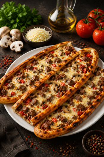 Kuşbaşılı Mantarlı Kaşarlı Pide